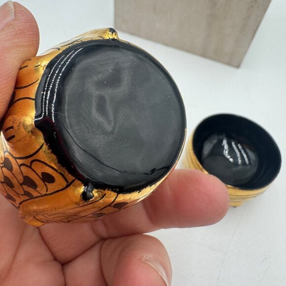 Vintage Hand Painted Burmese Gold & Black Lacquerware Owl Trinket Boxes delicate - Picture 9 of 12